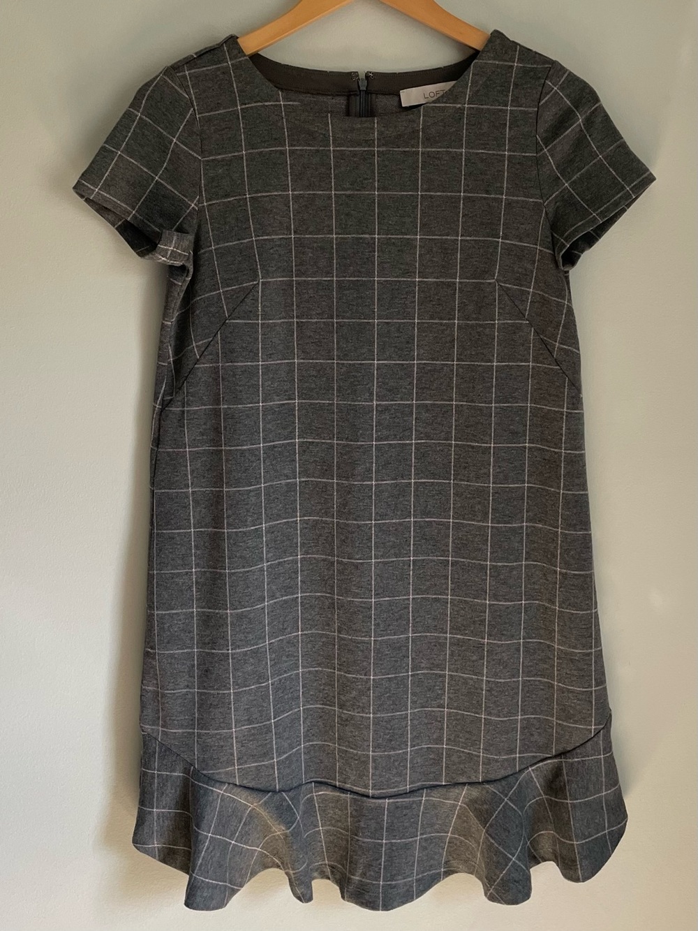 LOFT Charcoal Gray Windowpane Ruffle-Hem Mini Dress